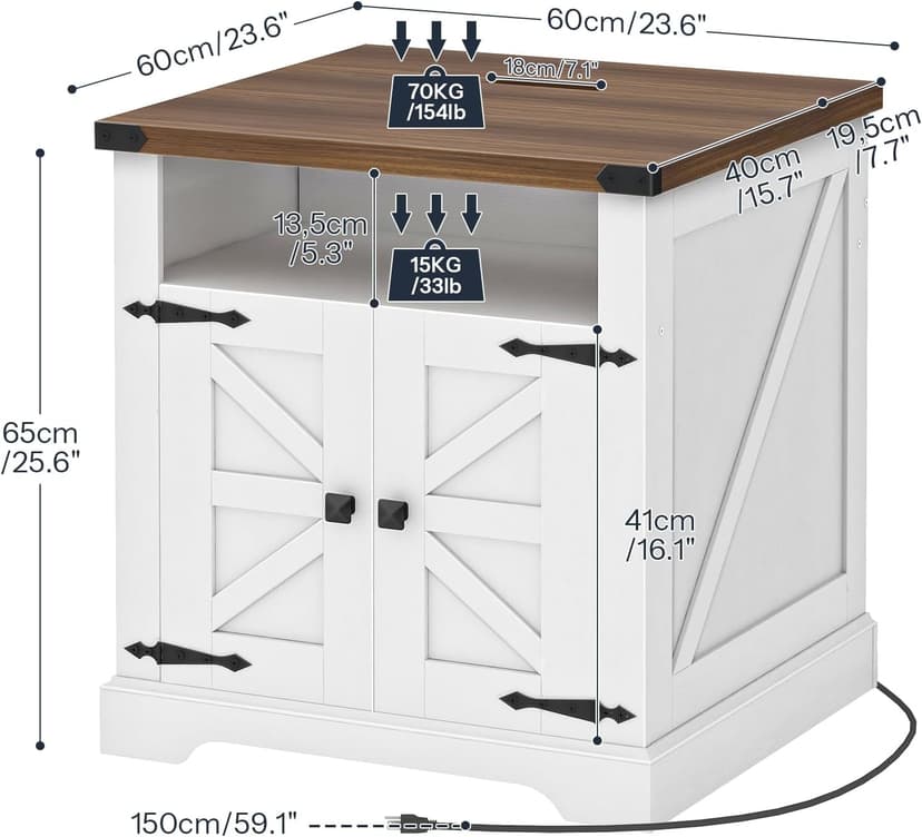 HOOBRO Farmhouse End Table with Charging Station, 23.6" Large End Tables for Living Room, Sofa Side Table with Barn Door, Wooden Square Nightstand Bedside Table, Flip Top, White and Walnut WH601UBZ01