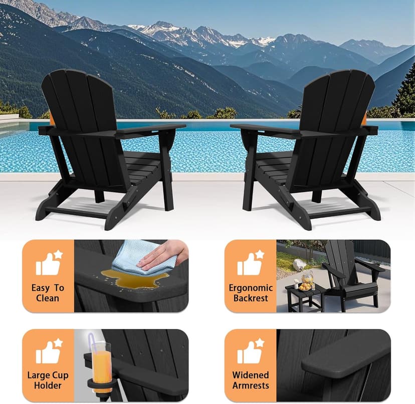 Folding Adirondack Chair Set of 8, HDPE All-Weather Patio Chairs for Outdoor, Patio, Lawn, Garden, Backyard Deck, Fire Pit - Black