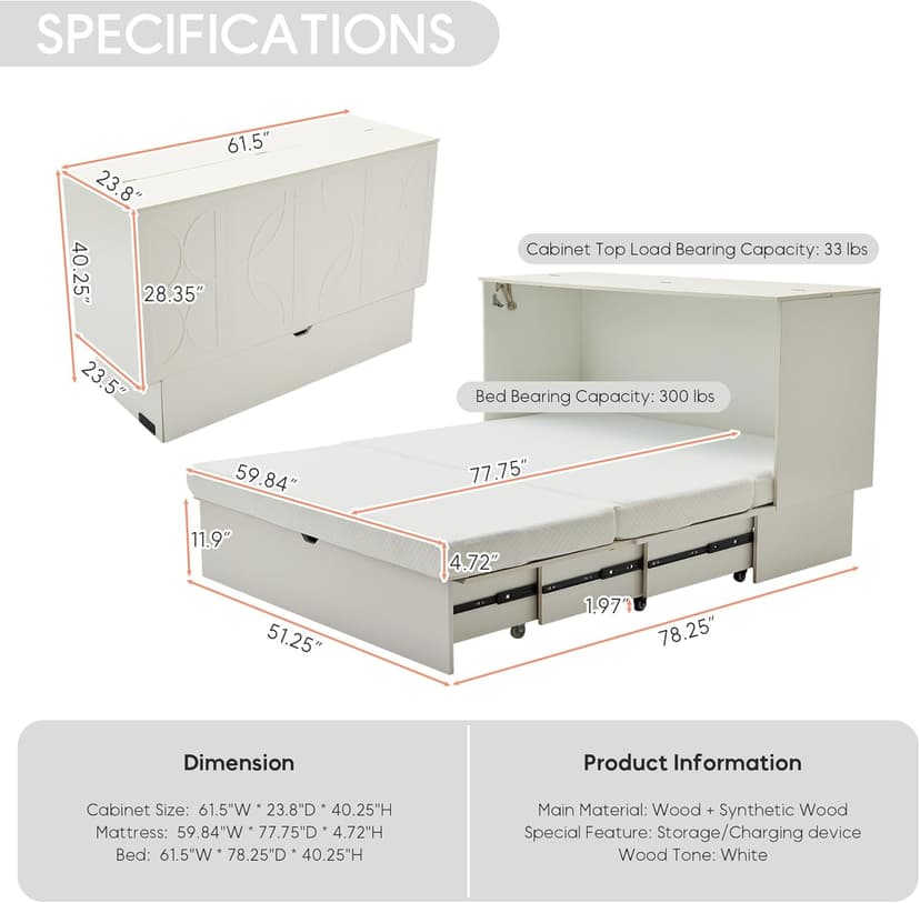 Queen Size Murphy Bed Cabinet with Charging Station & Storage Drawer, Wall-Mounted Tri-Fold Mattress Space Saver for Bedroom, Living Room, Office - White