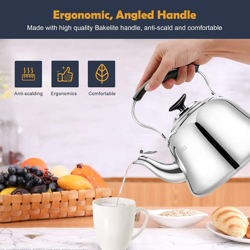 Tea Kettle Stovetop Whistling Teakettle ClassicTeapot Stainless Steel Tea Pots for Stove Top with Heat-resistant Folding Handle Mirror Finish, 2 liters