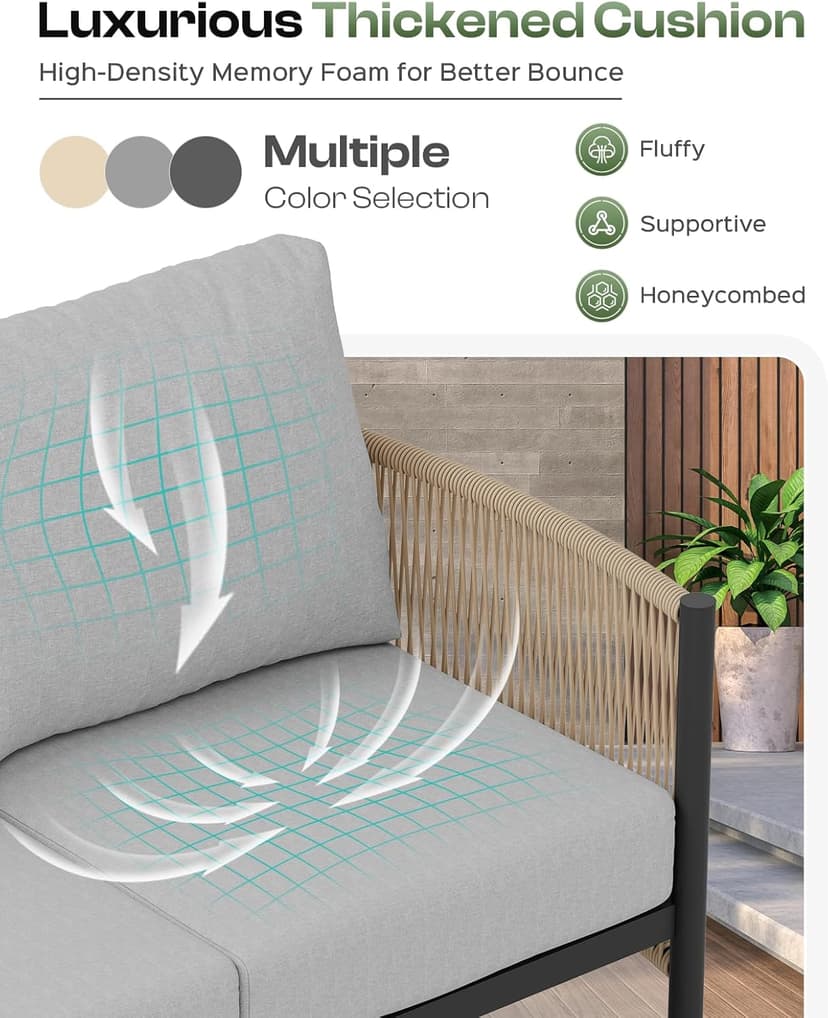 Aluminum Outdoor Patio Furniture Set, HDPE Rope 5 Piece Modern Sectional Conversation Sets with Dual-Layer Coffee Table, All Weather Patio Couch Sofa with Thick Cushions, Gray Frame, Gray