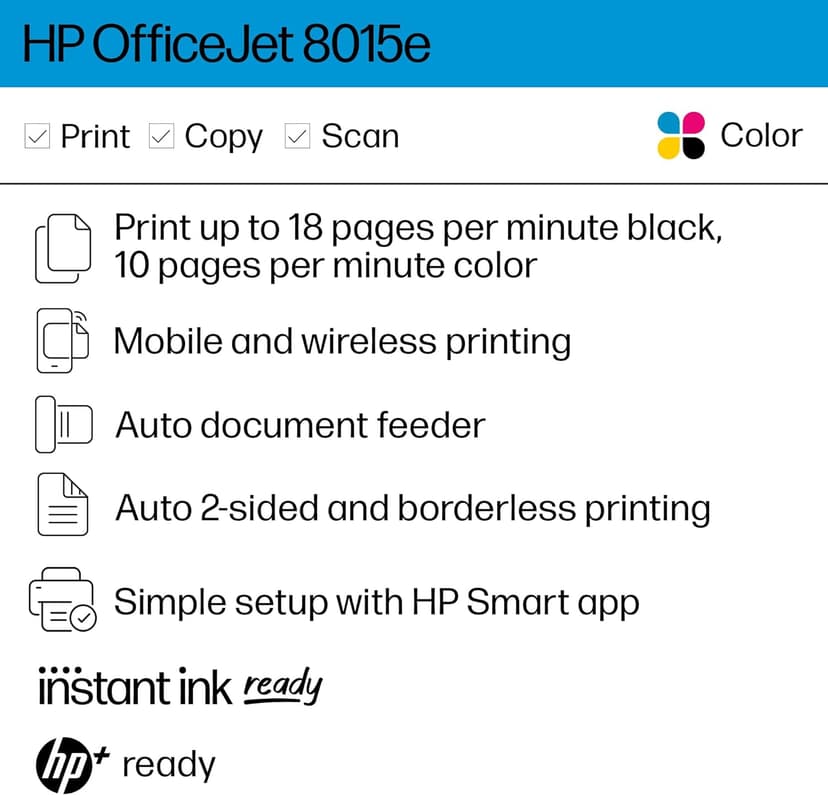 HP OfficeJet 8015e Wireless Color All-in-One Printer, 6 month Instant Ink trial included