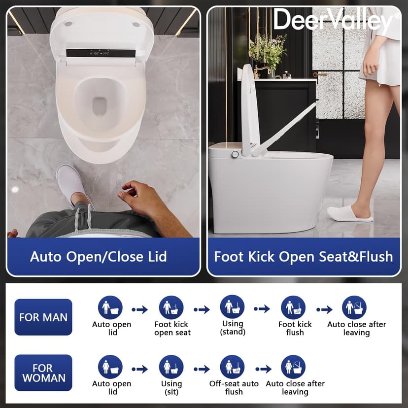 DeerValley Smart Bidet Toilet, One Piece Bidet Toilet for Bathrooms, Toilets with Auto Open/Close Lid, Heated Seat, Warm Dryer, Foot Sensor Operation, Night Light,Tankless Toilets with LED Display