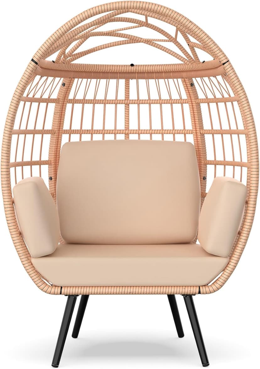 ZENPETIO Oversized Egg Chair, Indoor Outdoor Lounger with 4 UV Resistant Cushions, Storage Bag, All-Weather Wicker Egg Lounger Chair for Patio, Backyard, Living Room, 370lbs Capacity - Brown