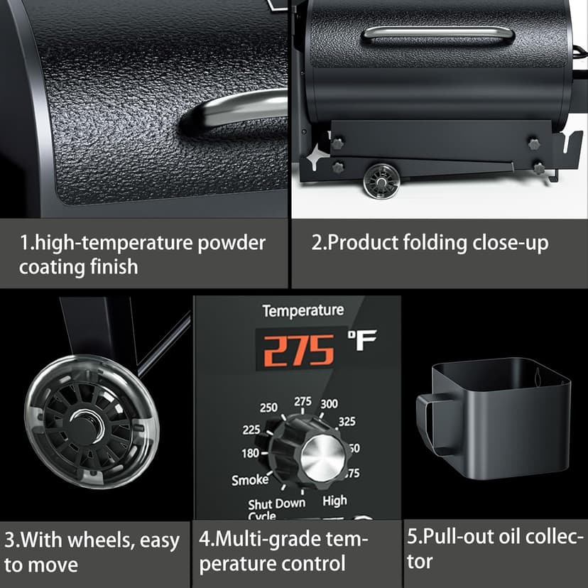 KingChii Portable Electric Wood Pellet Grill & Smoker with Foldable Legs, 456 SQ.IN Grill Capacity, 18LB Hopper, with PID Temperature Control (180-425°F) for Backyard Camping Bake and Roast, Black
