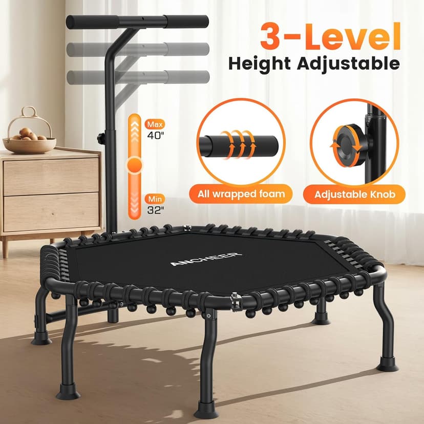 ANCHEER 50" Rebounder Trampoline for Adults- 2025 Foldable Mini Trampoline with Bar- Exercise Trampoline for Adults, Max Load 560lbs, for Indoor/Garden Workout