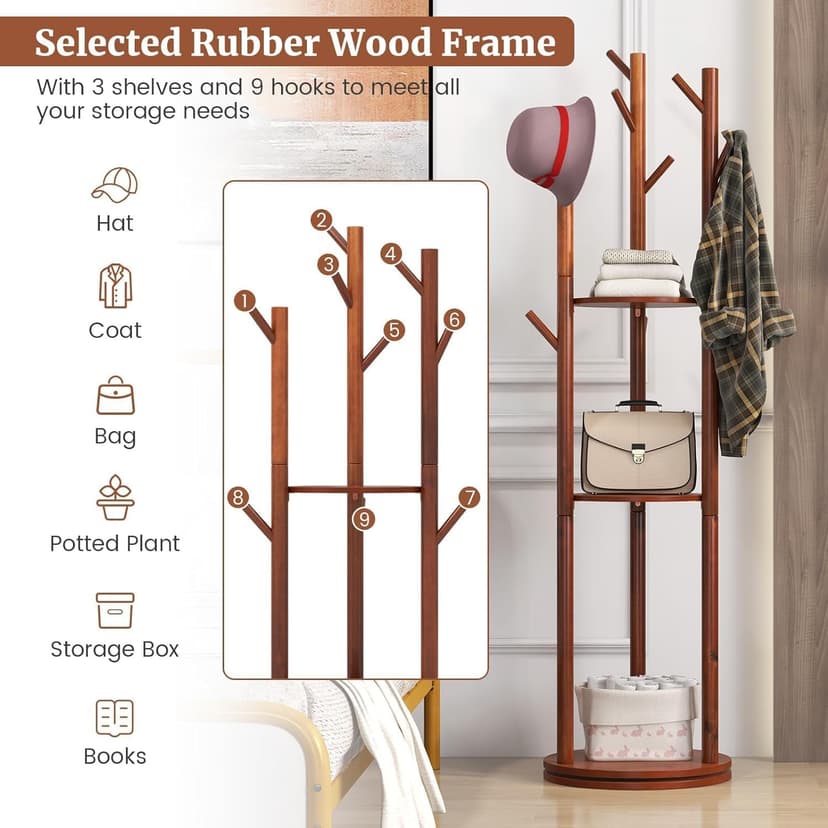 Rotary Coat Rack, Wooden Coat Rack Freestanding with 3 Shelves and 9 Hooks, Coat Tree, Sturdy and Easy Assembly Coat Rack Stand for Entryway,Hallway,Bedroom,Coats,Bags,Hats