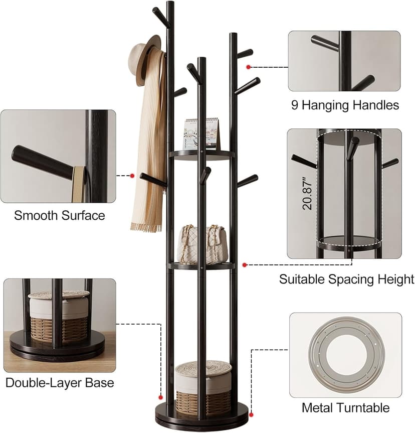 KungFuWood Coat Rack, Solid Wood Rotary Coat Rack Stand, Freestanding Coat Rack with 3 Shelves and 9 Hooks, Sturdy and Easy to Assemble Coat Tree for Entryway, Bedroom, Coats, Bags (Black)