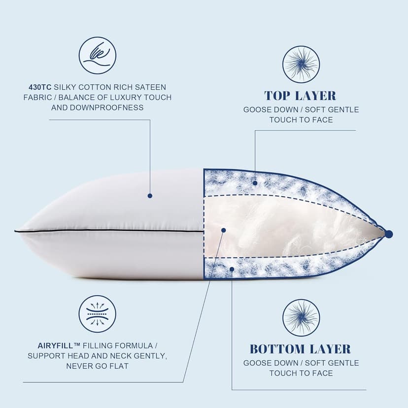Feather Down Pillows King Size Set of 2, Luxury Hotel Collection Bed Pillow 2 Pack, Airyfil™ Powered Fillings & Feathers Pillow，Fluffy Plush for Side Sleepers, Medium Firm, 20x36 in.