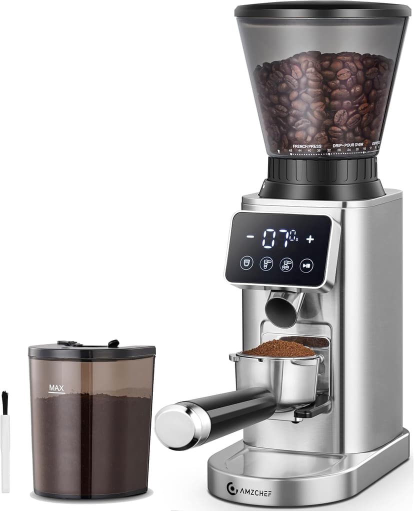 AMZCHEF Coffee Grinder, Coffee Bean Grinder for Home Use with Precise Grinding, LED Control Panel, Detachable Funnel Stand, Anti-static Design, 48 Grind Settings, silver