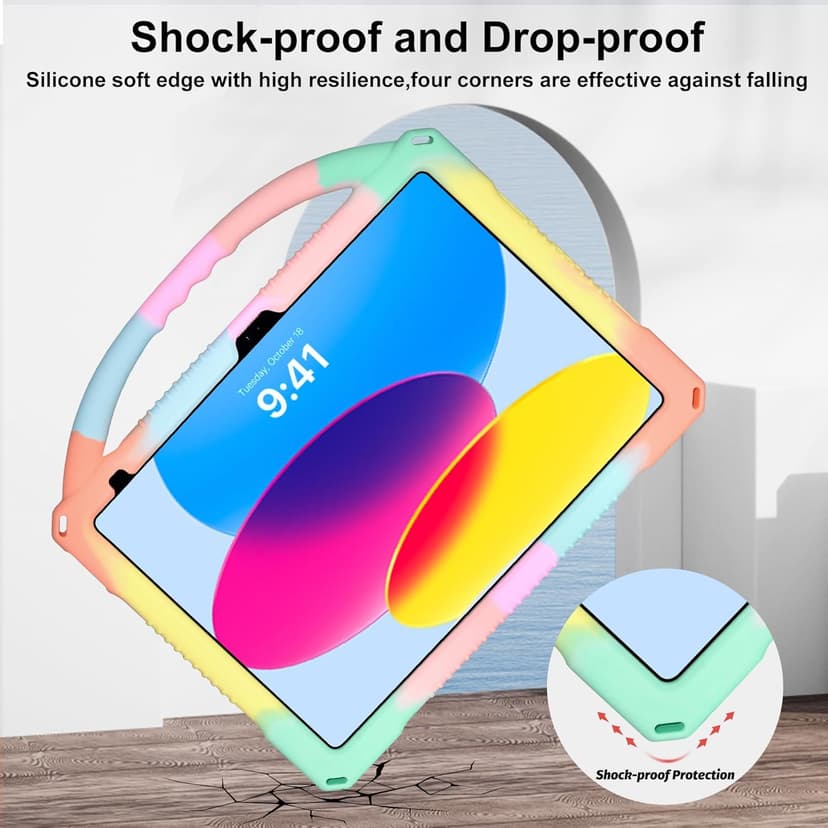 Adocham Kids Case for New iPad (A16) 11th Generation 11 Inch 2025/10th Generation 10.9 Inch 2022 Built-in Stand Handle,Lightweight Shockproof Silicone Kids Cover for iPad 10th/11th Gen (Rainbow)