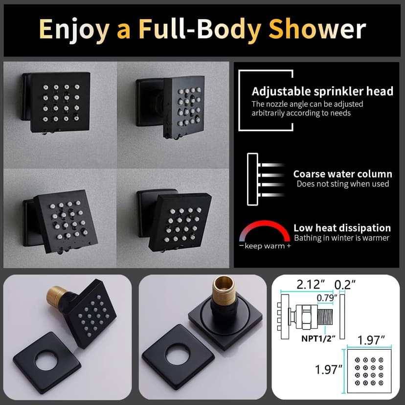 AYIVG Matte Black Thermostatic Rainfall Full Body Shower System With 2 In 1 Waterfall Rainfall Ceiling Mount 16 X 24 Inch Rain Shower Head 6 Jets Temperature Display Shower Faucet Set