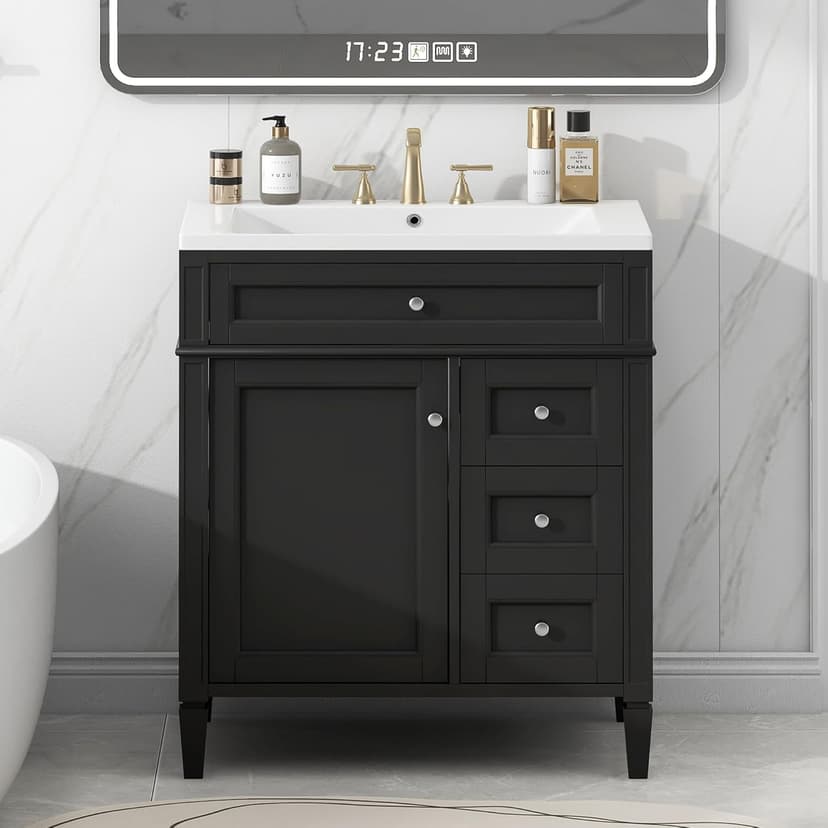 Modern 30" Bathroom Vanity with Sink, Bathroom Storage Cabinet with 2 Drawers, 1 Tip-Out Drawer and 1 Door, Freestanding Bathroom Vanities, Soft Closing, Solid Wood Frame