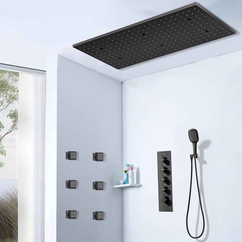 32” Luxury Thermostatic Full Body Shower System with 32-Inch Mist & Rainfall Shower Head & 6 Body Jets, Handheld, JetsBath Matte Black Two Person Shower Faucet Set, Smart Shower System for Couples