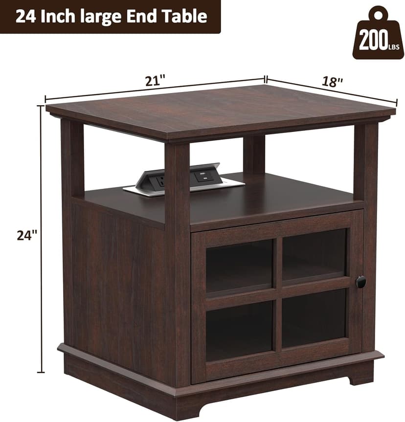 HIFYOBRO 24''Tall End Table with Charging Station, Adjustable Shelf, Storage Side Table,21" Large Nightstand for Living Room, Bedroom,Espresso