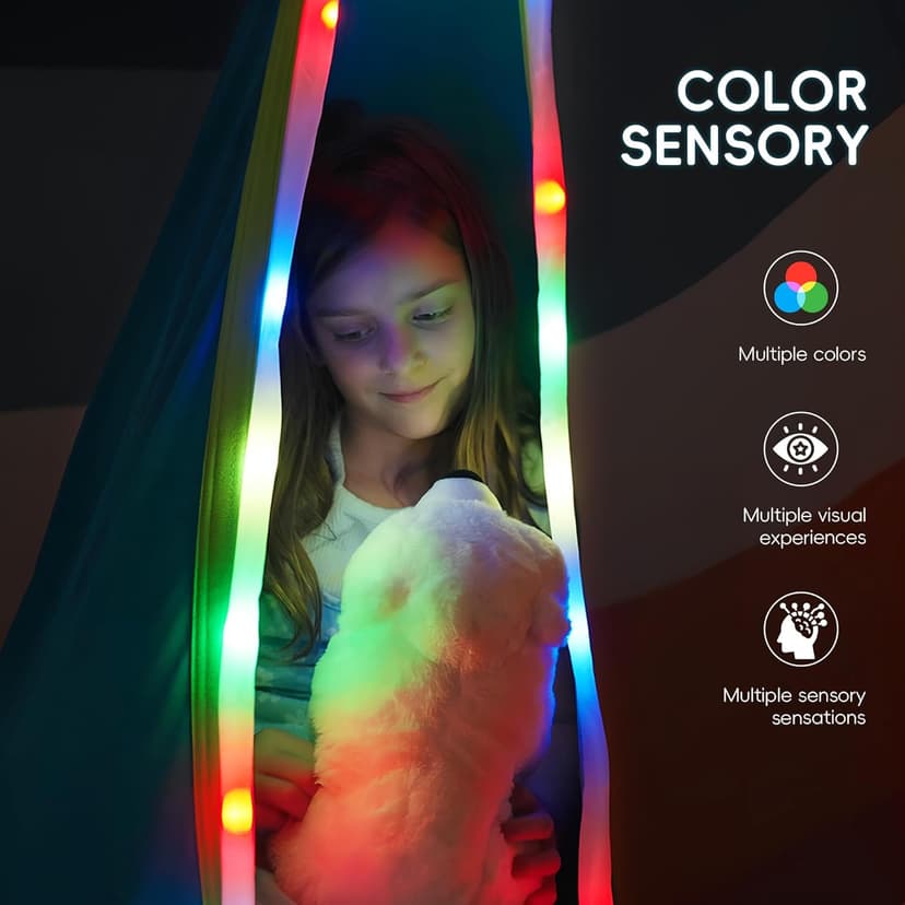 OUTREE Light Up Pod Swing Seat, Sensory Swing with LED Light, Cotton Kids Chair for Indoor and Outdoor, Hammock Chair Easy to Install, Blue