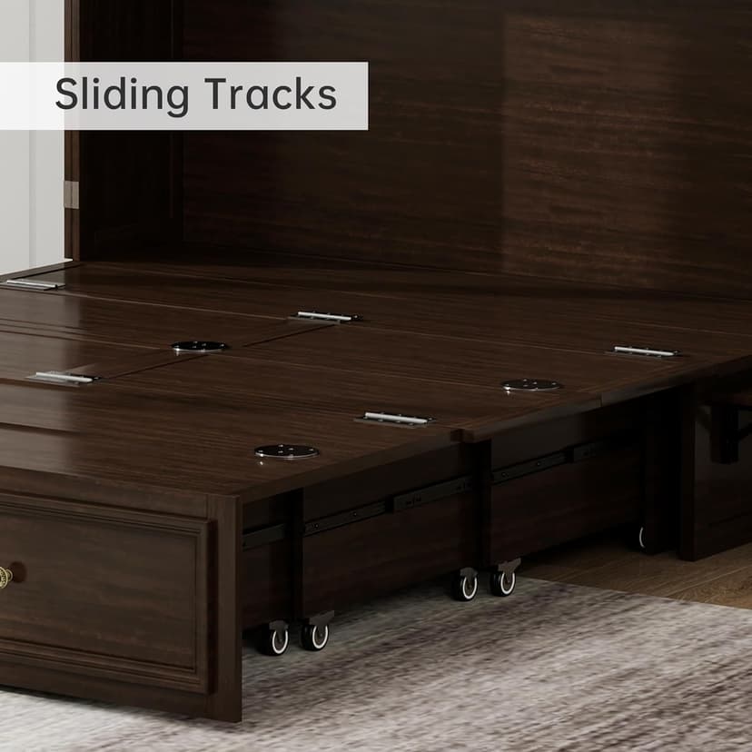Murphy Bed Cabinet Full with Tri-Folding Mattress, Solid Wood Murphy Bed with 2 USB & 2 Charging Ports, Large Storage Drawer for Home Office or Small Space, Ebony Wood Color