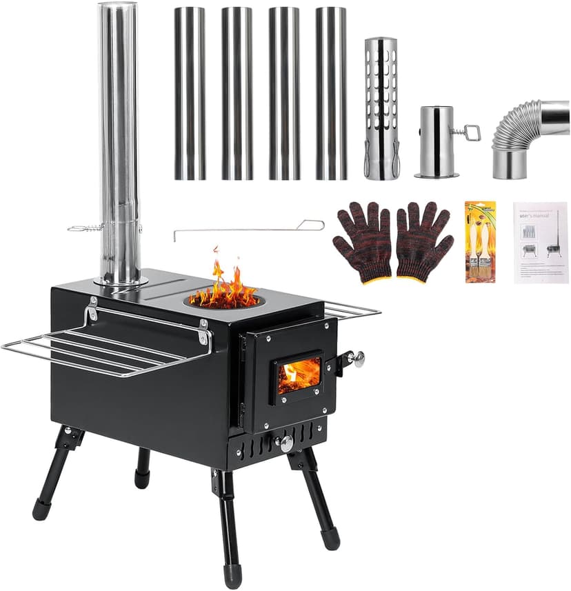 Wood Stove, Portable Tent Stove with 7-Section Stainless Steel Chimney, HeatControl Stovepipe and Elbow Pipe, Wood Burning for Outdoor Camping and Ice Fishing