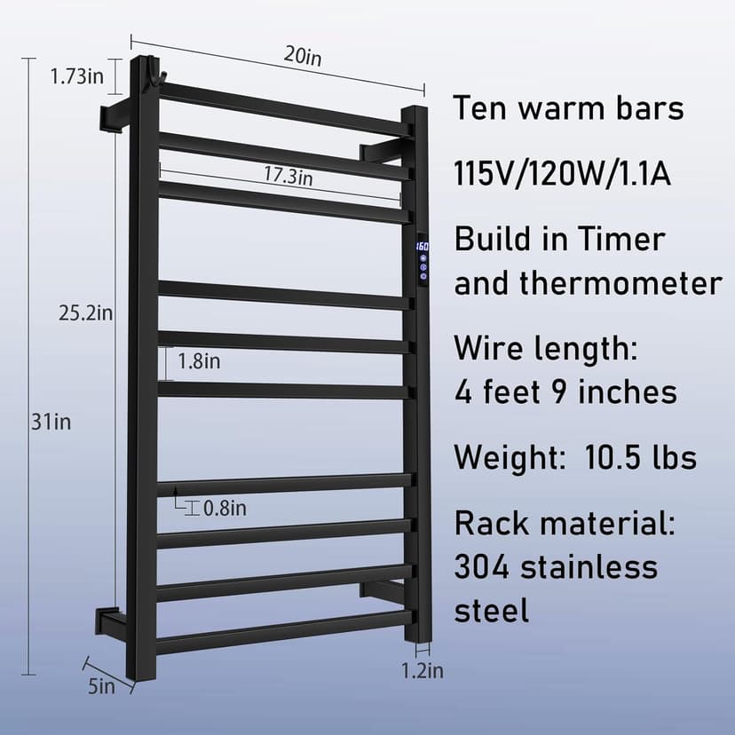 Black Towel Warmer Rack for Bathroom with Timer/Fahrenheit Display Electric Heated 10 Bars Drying Rail Plug-in or Hardwired Wall Mounted Heating Bath Towel Warming(Matte Black)
