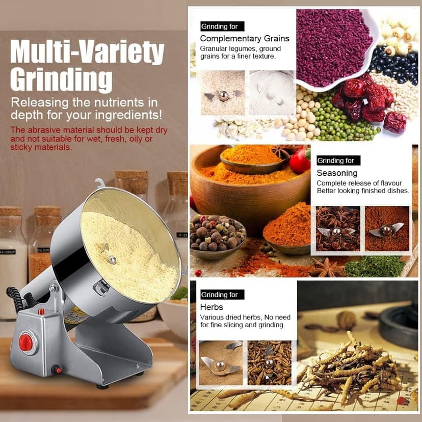Electric Grain Grinder Mill 1000g High-speed Spice Herb Mill Commercial Powder Machine for Dry Cereals Grain Herb Spice Coffee Corn Bean CE approved (1000g Stand Type)