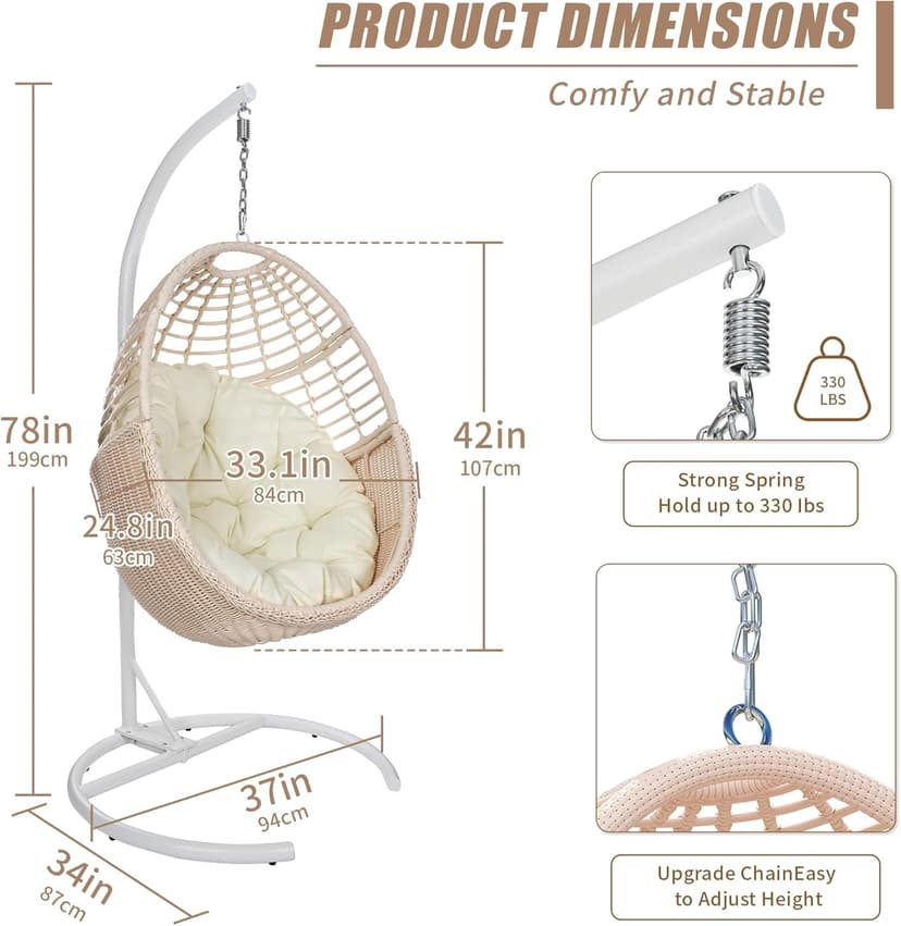 TWT Egg Swing Chair with Stand Hanging Egg Chair Outdoor - Rattan Wicker Patio Hanging Basket Chair Hammock Chair with Metal Frame and UV Resistant Cushion for Indoor Bedroom Balcony (Beige)
