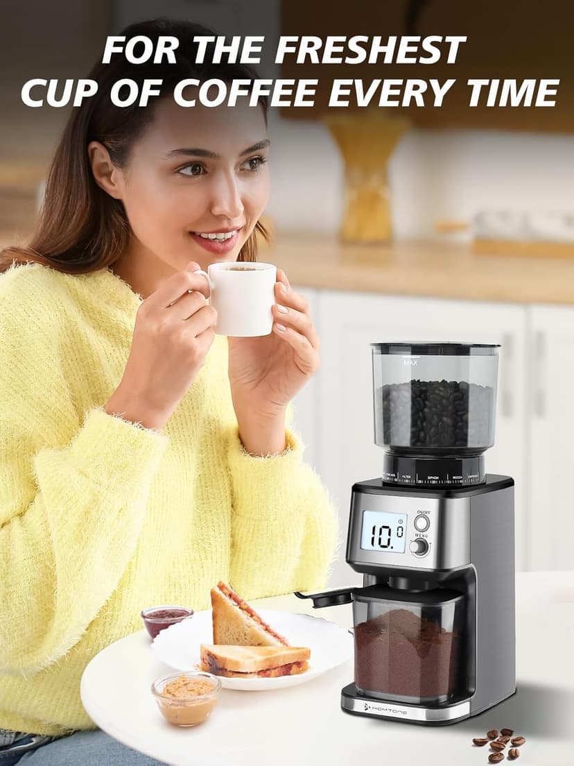Homtone Conical Burr Coffee Grinder, Anti-Static Electric Espresso Grinder with 51 Precise Settings, Adjustable for 2-12 Cups, 120V Clog-Free, Digital Display Stainless Steel