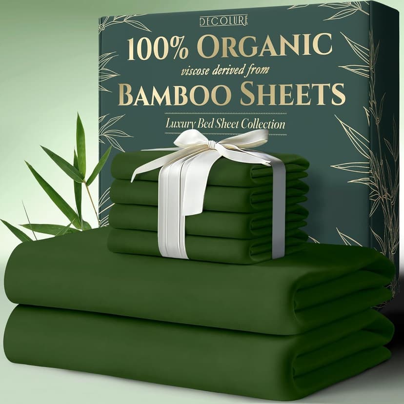 DECOLURE 100% Organic Viscose Derived from Bamboo Sheets Queen Size 6pcs - Ultra Soft & Luxuriously Cooling, 17" Deep Pocket, Double Stitching, Perfect for Hot Sleepers - Queen Bed Sheets (Olive)