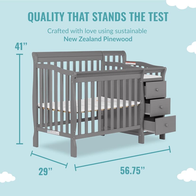 Dream On Me Jayden 4-in-1 Mini Convertible Crib And Changer in Storm Grey, Greenguard Gold Certified, Non-Toxic Finish, New Zealand Pinewood, 1" Mattress Pad