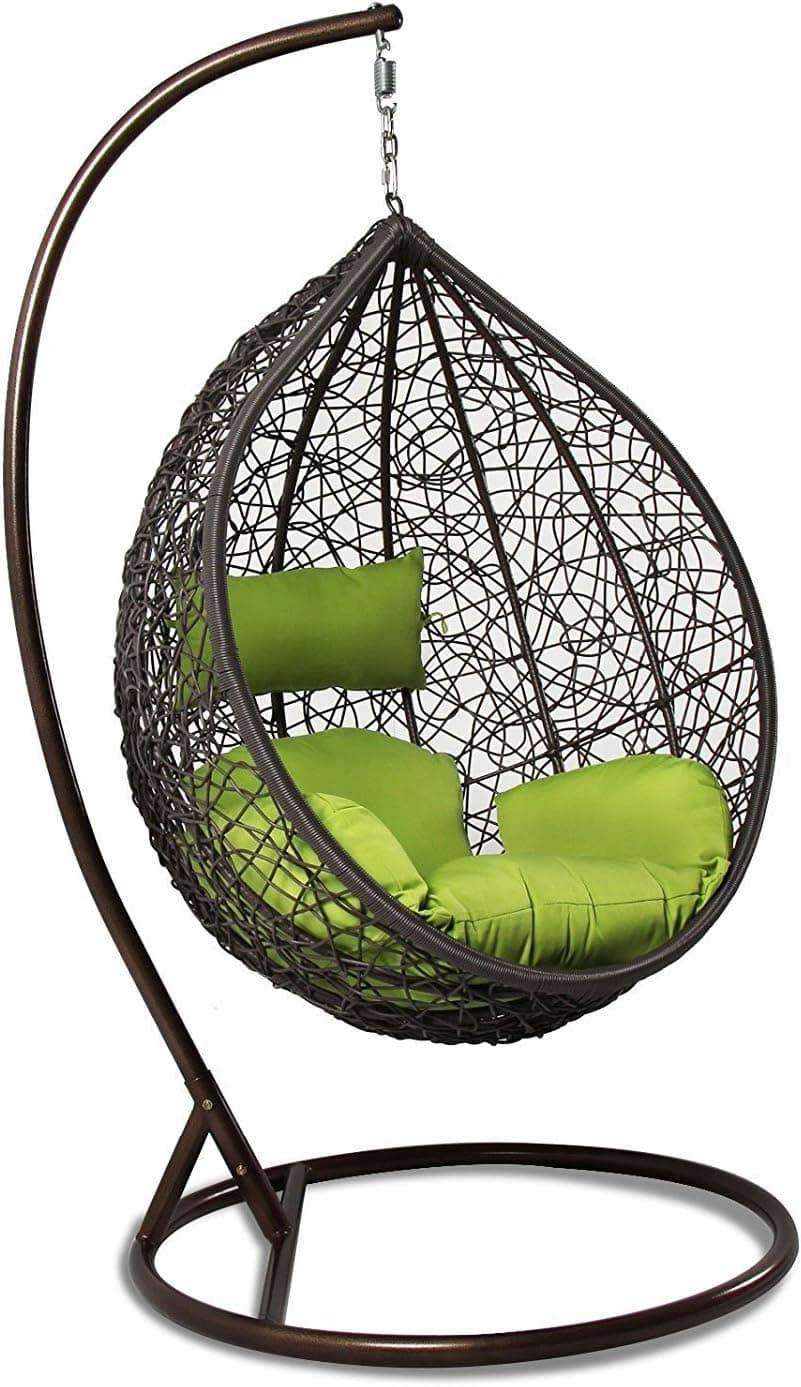 Island Gale Hanging Basket Chair Outdoor Patio Furniture with Stand and Cushion (Brown Wicker, Lime Cushion)