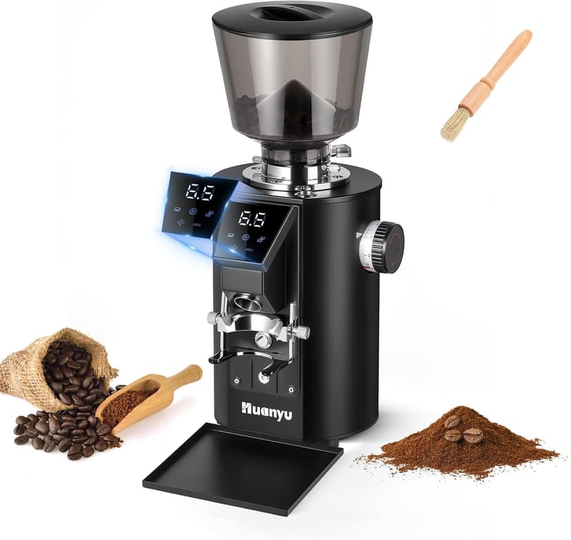 Huanyu Commercial Coffee Grinder with Touching Screen Infinite Adjustment 8 Grinding Settings Burr Coffee Grinders for Shops with Dual Dosing Modes