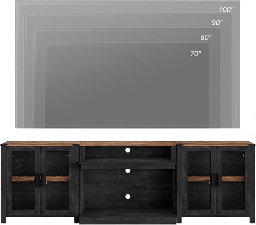 WAMPAT 2 in 1 TV Stand Set for 100 inch TV, Farmhouse Entertainment Center with 4 Mesh Door and Open Storage Shelves, Wood Media TV Console Table for Dining and Bedroom，Dark Walnut and Black