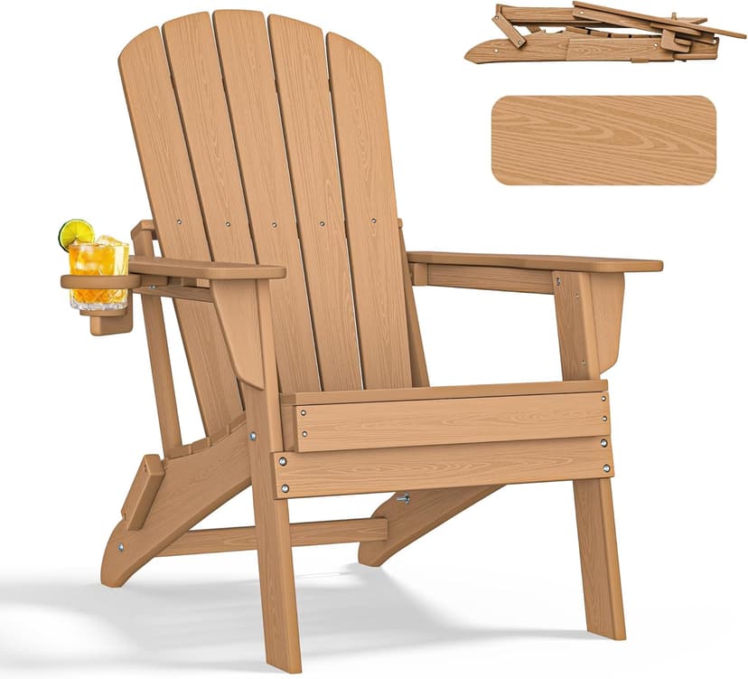 nevilywood Folding Adirondack Chair - Extended Ergonomic Backrest, Cup Holder - Easy Assembly - Durable HDPE Plastic, Weather Resistant & Maintenance-Free - Lawn, Patio, Deck Supports 400lbs Teak