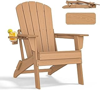 nevilywood Folding Adirondack Chair - Extended Ergonomic Backrest, Cup Holder - Easy Assembly - Durable HDPE Plastic, Weather Resistant & Maintenance-Free - Lawn, Patio, Deck Supports 400lbs Teak
