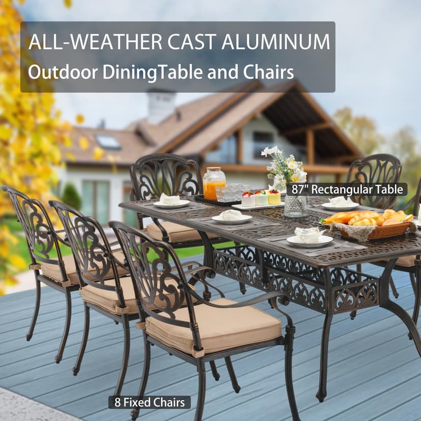 9-Piece Cast Aluminum Patio Furniture, Outdoor Dining Sets for 8 Include 87" Rectangular Patio Dining Table and 8 Stackable Chairs with Cushions & Umbrella Hole (Bronze)