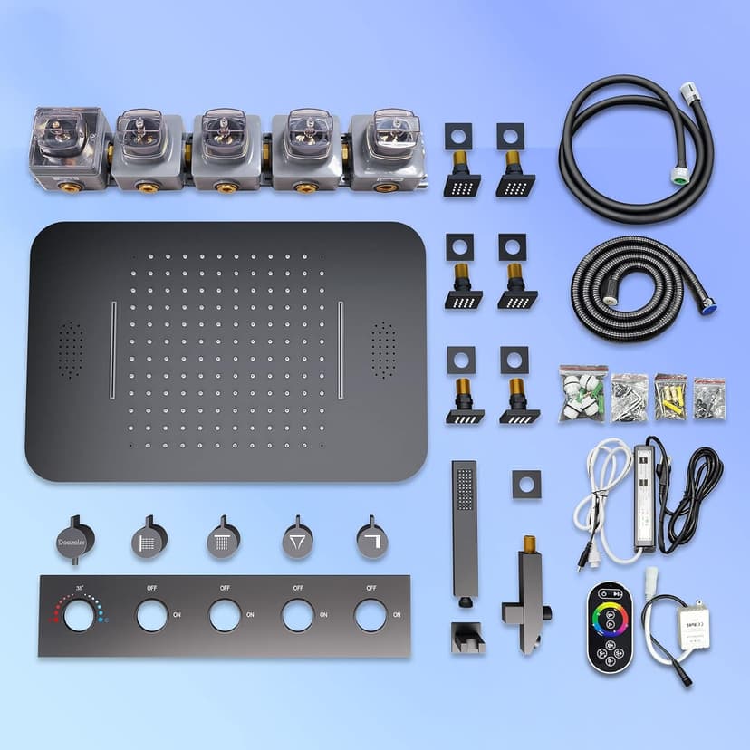 23" Full Body Thermostatic Shower System with Body Jets, Luxury LED Music Rainfall Waterfall Shower Jets System In Wall, Smart Ceiling Mount Multi Function Rain Shower Faucet Set
