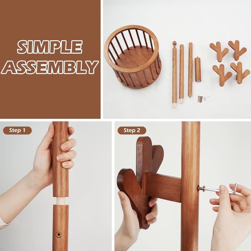 CozyDH Solid Wood Coat Rack Freestanding with Lockable 360° Rotary Casters, Coat Tree Stand with Umbrella Holder & Laundry Basket Storage & 12 Hooks, Walnut