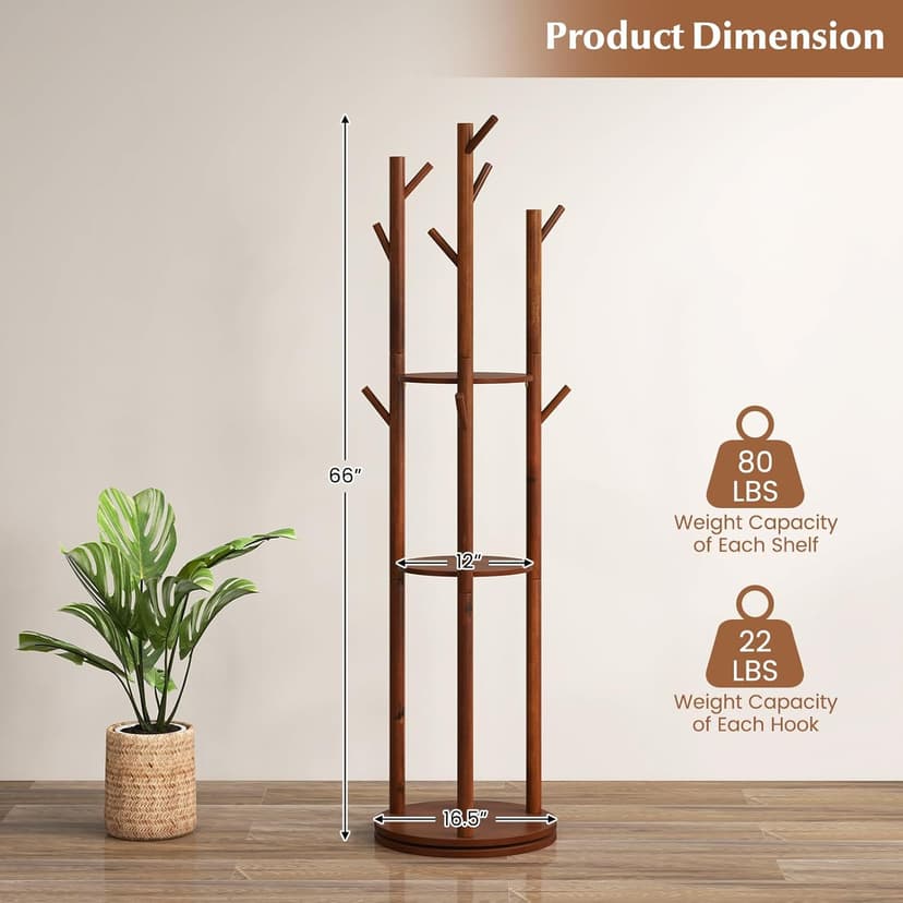 Tangkula Coat Rack Freestanding, Rotary Wooden Coat Tree with 3 Display Storage Shelves & 9 Hooks for Coats, Scarves, Hats & Bags, 66 Inches Coat Hanger Stand for Entryway, Bedroom, Office (Walnut)
