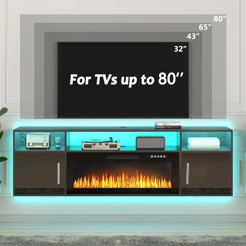 PUKAMI 70" Floating TV Stand with 36" Electric Fireplace,Wall Mounted Fireplace Entertainment Center with LED Lights and Highlight Storage Cabinet for TVs up to 80", for Living Room (Black)