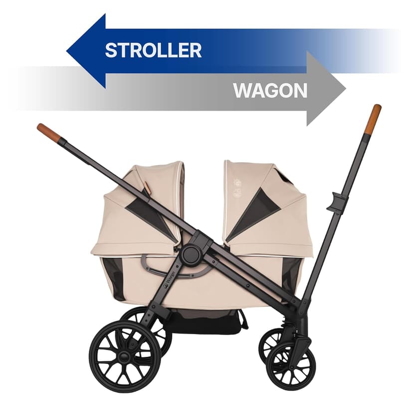 Tandem Wagon Stroller for 2 Kids, All-Terrain with Removable UV-Protection Canopy, Adjustable Push/Pull Handle, Snack Tray & Cup Holders, Perfect for Baby and Toddler（Khaki）