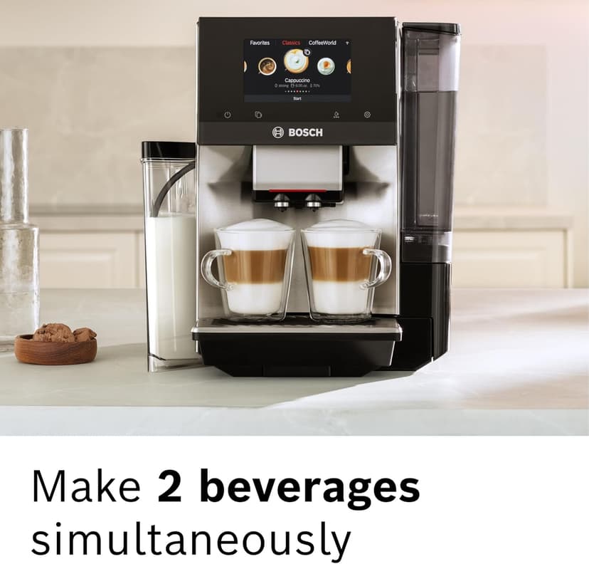 Bosch 800 Series Fully Automatic Espresso Machine – 36 Drinks with Coffee World, Cold Brew, Double Cup, Integrated Milk Container, Smart Features, in Stainless Steel