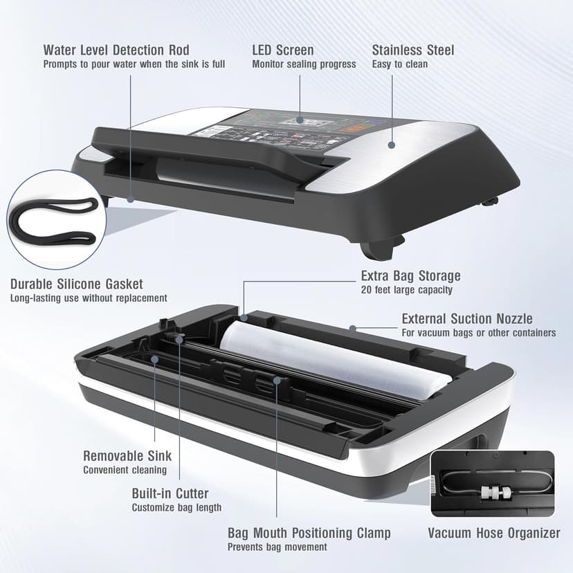 230 Watts Vacuum Sealer for Food, Commercial Vacuum Sealer Machine with Double Heat Seal, Easy Lock Handle, 12 Functions, Bags Storage,Build-in Cutter, 1 Roll and 10 Pre-cut Bags, Progress Display