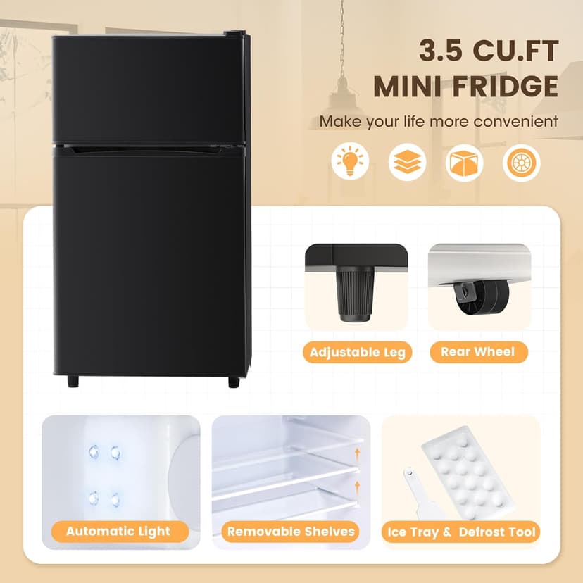 3.5 Cu.Ft Mini Fridge with Freezer, 2 Door Small Refrigerator, 7 Level Adjustable Thermostat, Compact Fridge for Living Room, Office, Kitchen and Apartment(Black)