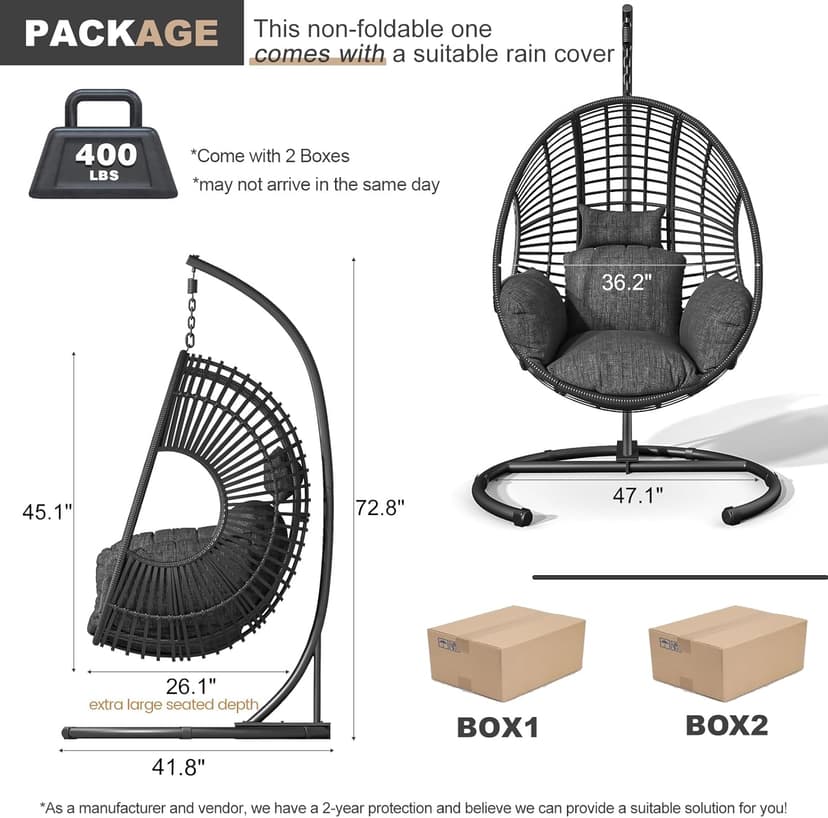 Oversized Hanging Egg Chair Outdoor Wicker Swing Chair with Stand Rain Cover UV Resistant Cushion 400lbs Capacity for Patio, Garden and Balcony