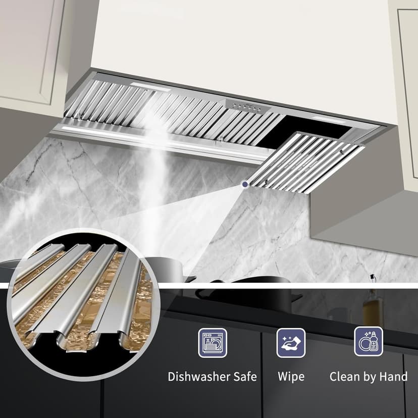 Akicon Range Hood Insert 48 Inch with Heater Sensor, 1200 CFM Bulit-in Kitchen Vent Hood with 4 Speeds, Ultra-Quiet Duct Stove Hood 3CCT LED Lights and Dishwasher Safe Filters