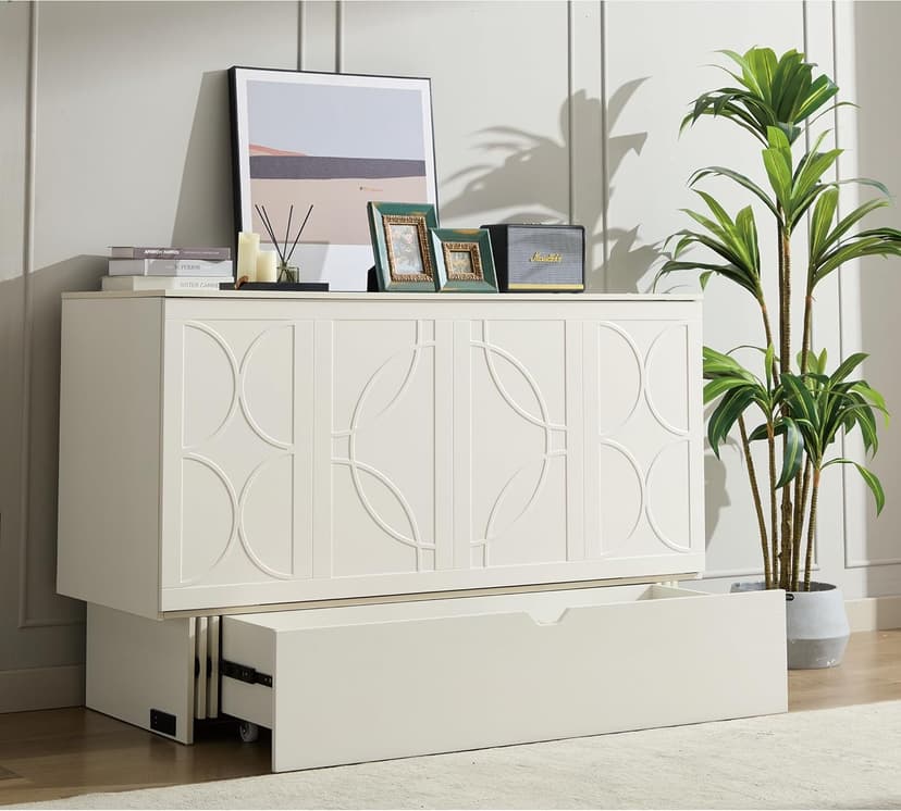 Queen Size Murphy Bed Cabinet with Charging Station & Storage Drawer, Wall-Mounted Tri-Fold Mattress Space Saver for Bedroom, Living Room, Office - White
