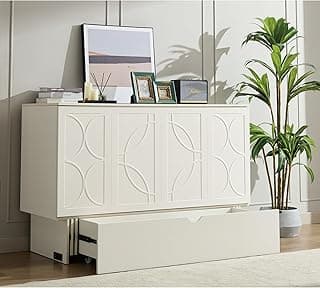 Queen Size Murphy Bed Cabinet with Charging Station & Storage Drawer, Wall-Mounted Tri-Fold Mattress Space Saver for Bedroom, Living Room, Office - White