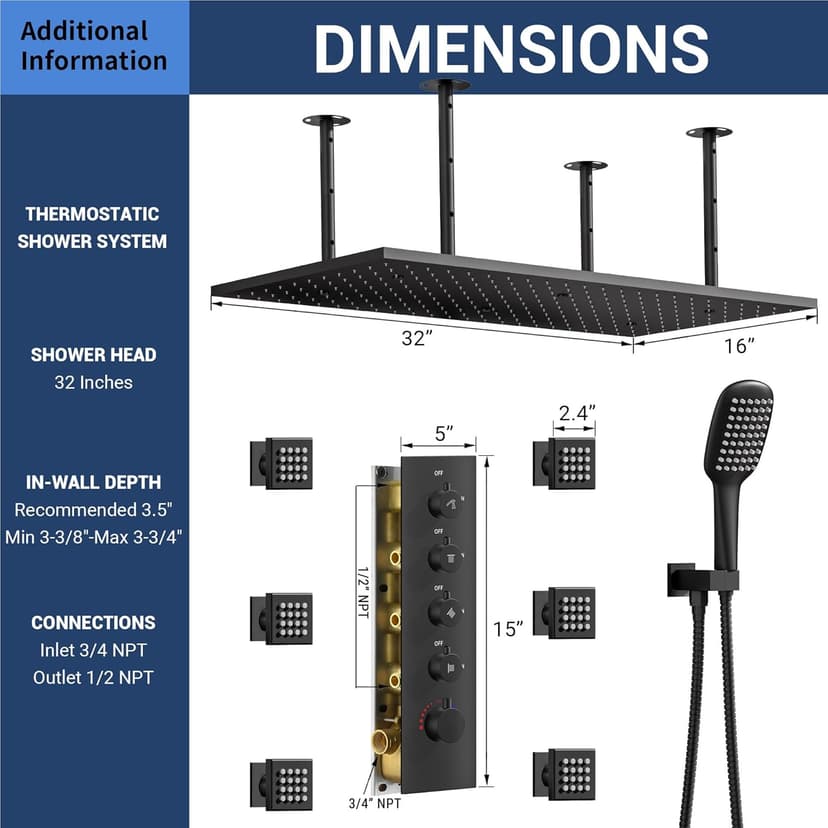 32” Luxury Thermostatic Full Body Shower System with 32-Inch Mist & Rainfall Shower Head & 6 Body Jets, Handheld, JetsBath Matte Black Two Person Shower Faucet Set, Smart Shower System for Couples