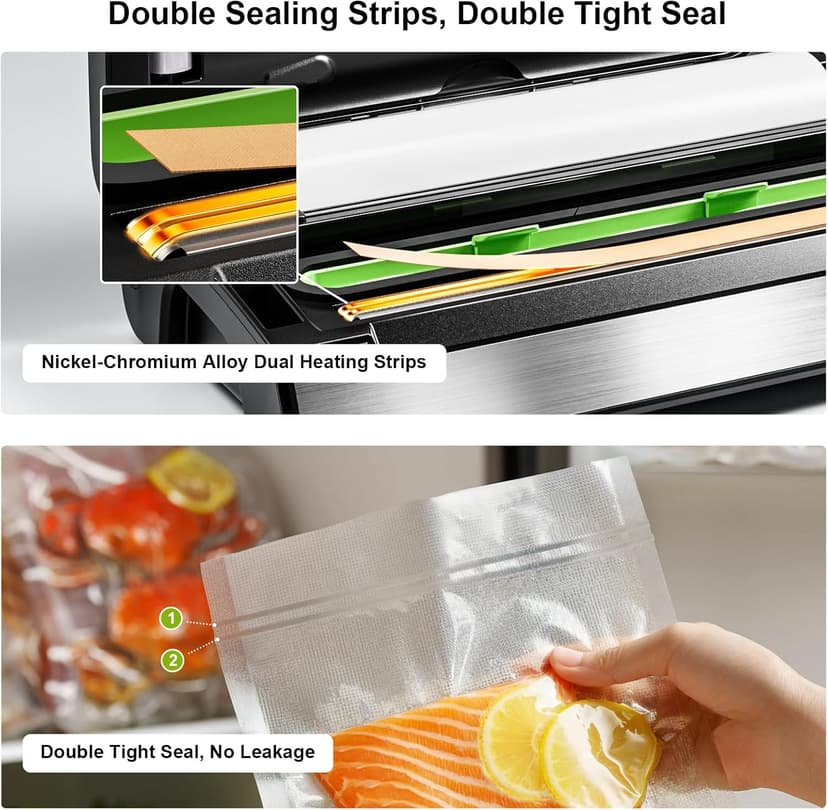Vacuum Sealer Machine, 95kPa Food Sealer with Double Heat Seal for Dry/Moist Food, Easy-lock Handle, Built-in Bag Storage & Cutter, Progress Display, Removable Drip Tray, Silver