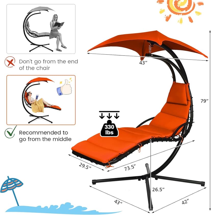 Tangkula Hanging Chaise Lounge, Arc Stand Floating Hammock Swing Chair w/ Canopy and Built-in Pillow, Curved Steel Patio Lounge Chair, Freestanding Hammock Chair with Stand for Patio Backyard Garden