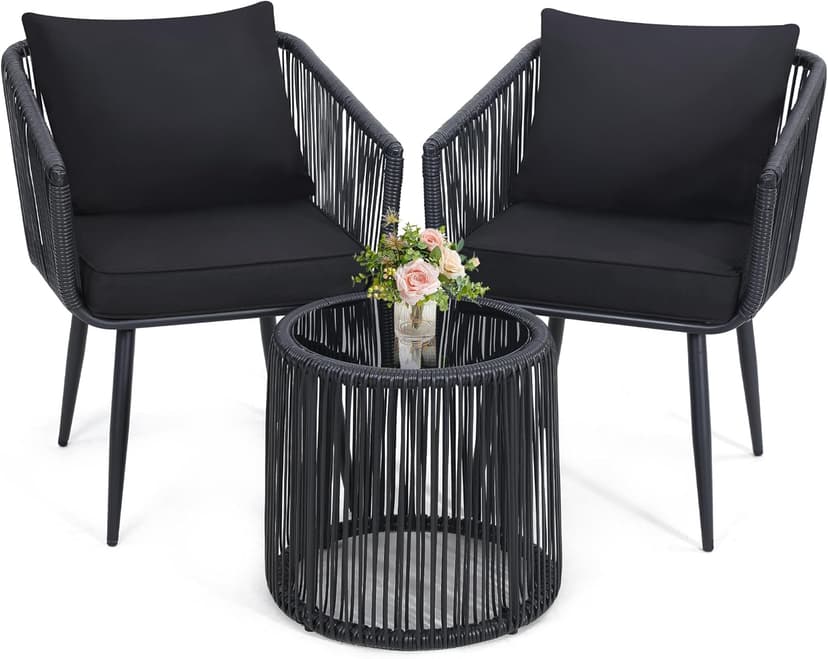 Kromax 3 Pieces Patio Rattan Bistro Conversation Set, Outdoor All-Weather Wicker Furniture Chairs and Side Table Set Ideal for Balcony, Porch and Backyard, Black